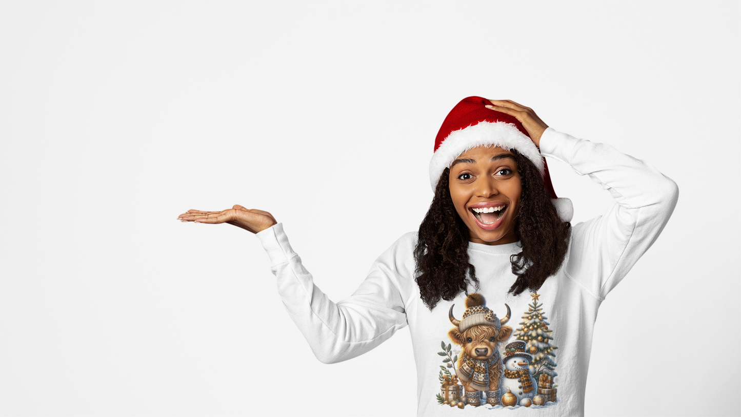Highland Cow Christmas Magic Sweatshirt | Cozy Winter Scene with a Highland Cow, Snowman & Tree, Family-Friendly Holiday Apparel