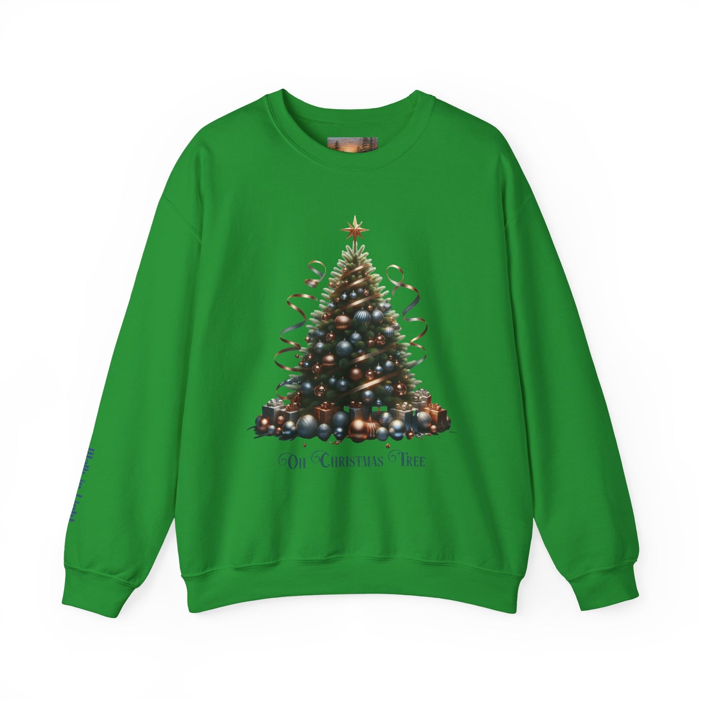 Oh Christmas Tree Sweatshirt | Walk in Light Holiday Sweatshirt with Golden Bells Sleeve, Gildan 18000
