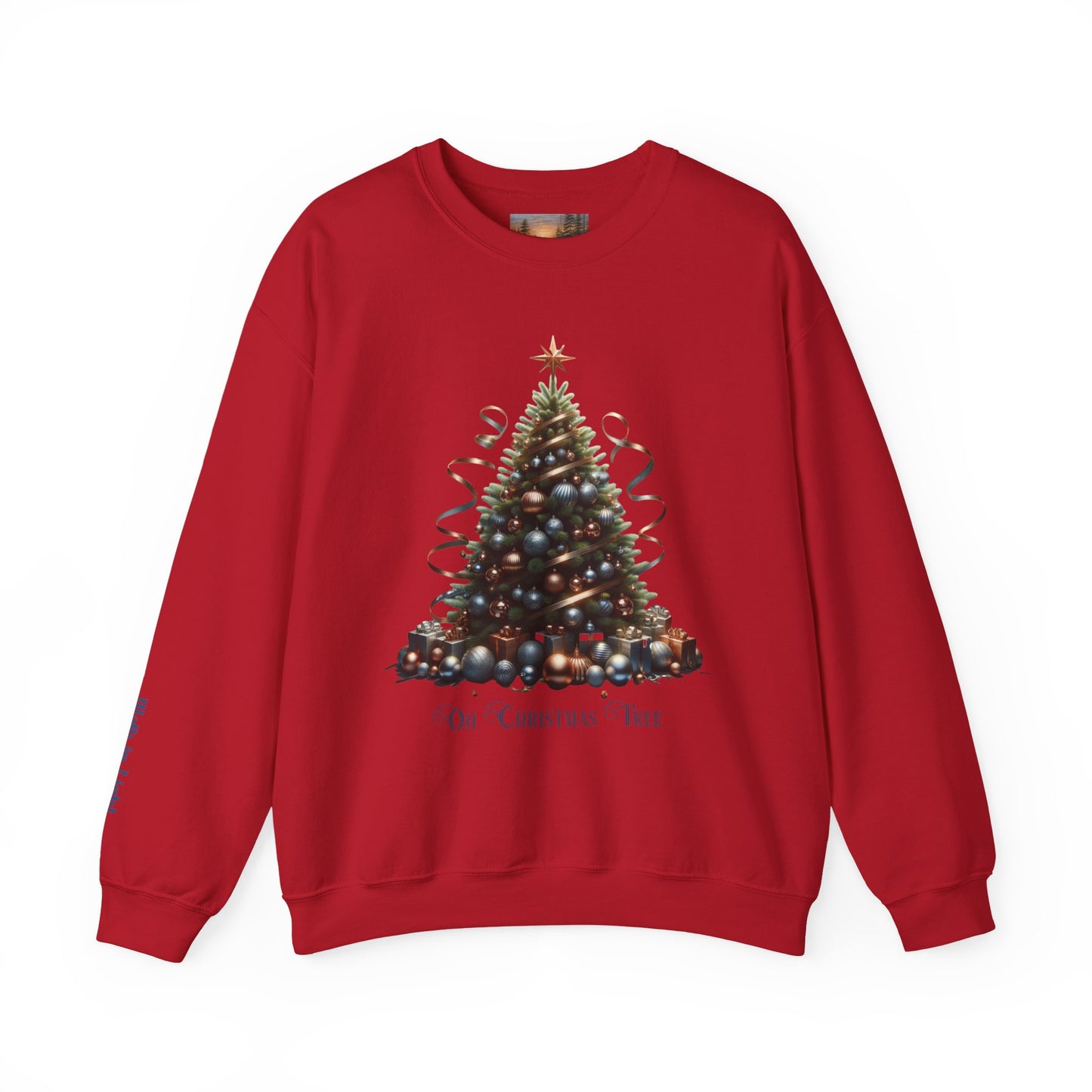 Oh Christmas Tree Sweatshirt | Walk in Light Holiday Sweatshirt with Golden Bells Sleeve, Gildan 18000