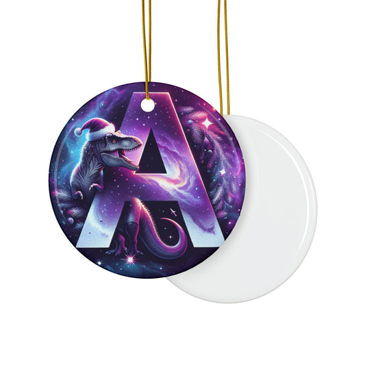 2025 Cosmic Dino Letter A Ornament | Double-Sided Ceramic Keepsake with Santa Hat Dinosaur & Space Theme