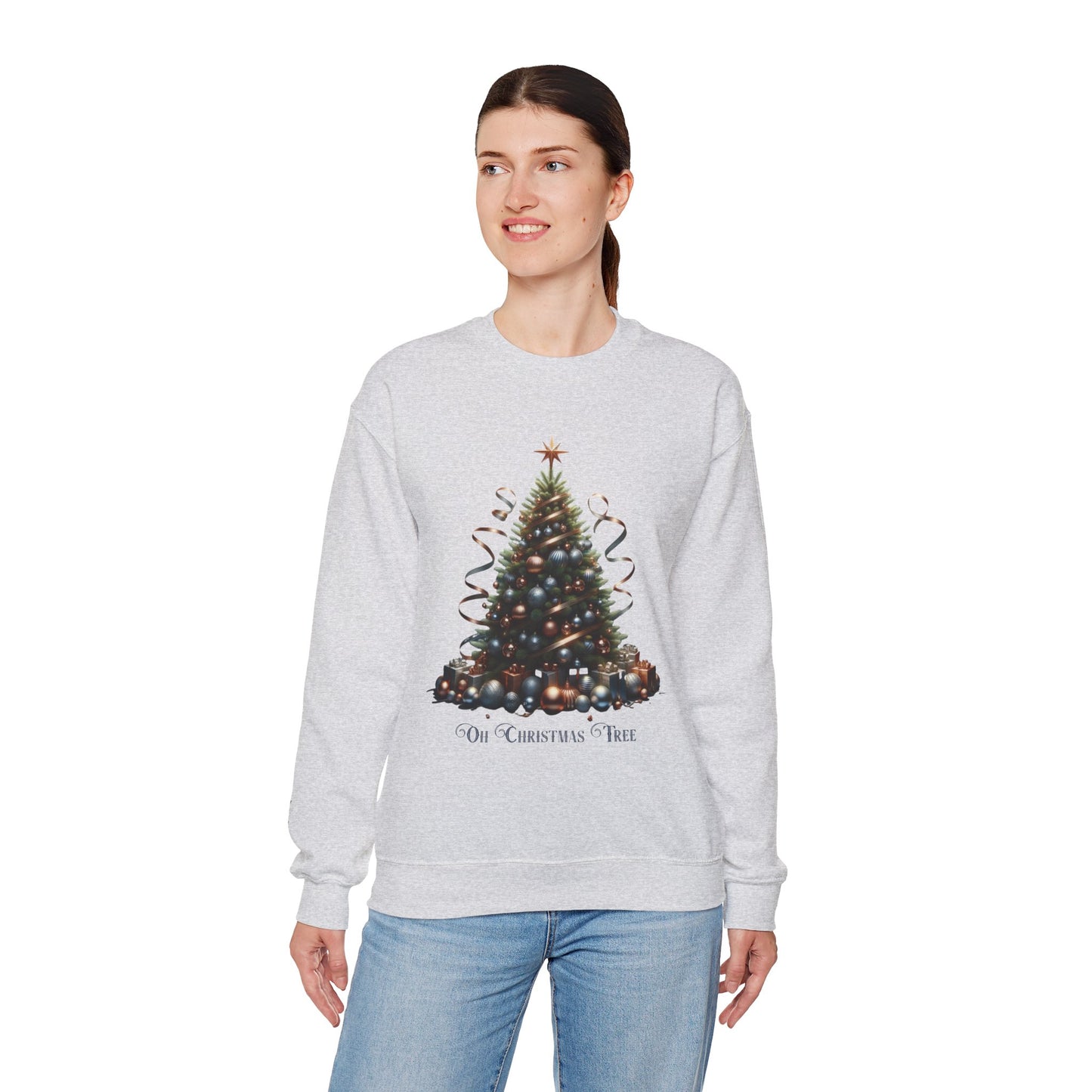 Oh Christmas Tree Sweatshirt | Walk in Light Holiday Sweatshirt with Golden Bells Sleeve, Gildan 18000