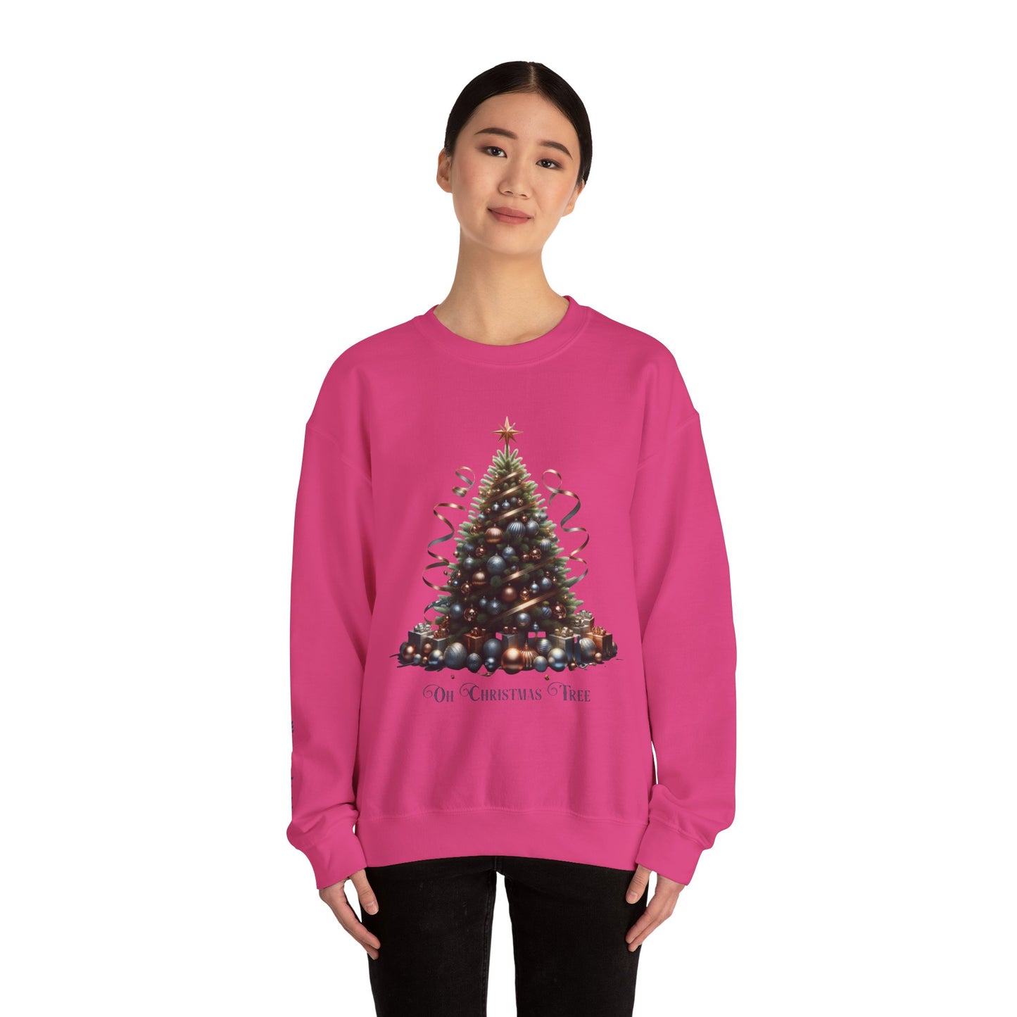 Oh Christmas Tree Sweatshirt | Walk in Light Holiday Sweatshirt with Golden Bells Sleeve, Gildan 18000