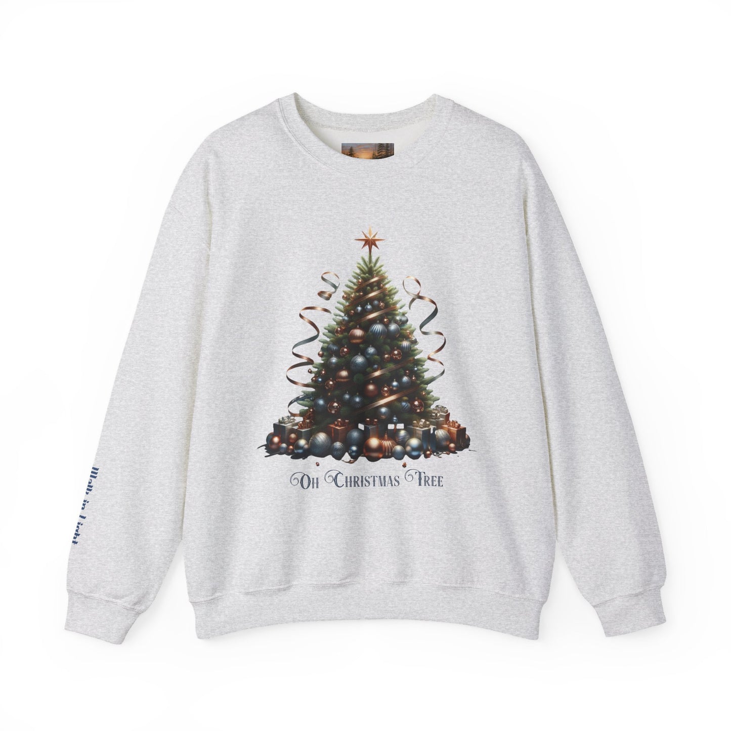 Oh Christmas Tree Sweatshirt | Walk in Light Holiday Sweatshirt with Golden Bells Sleeve, Gildan 18000