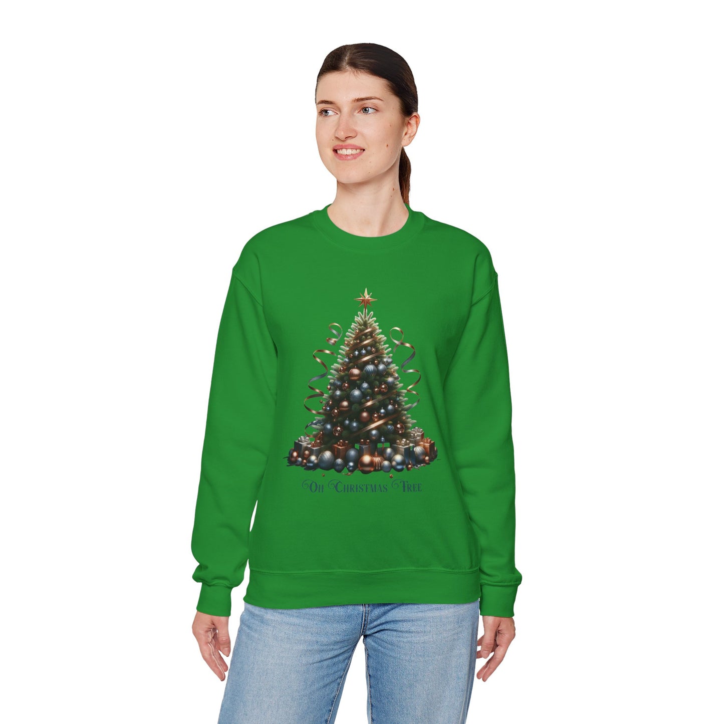 Oh Christmas Tree Sweatshirt | Walk in Light Holiday Sweatshirt with Golden Bells Sleeve, Gildan 18000
