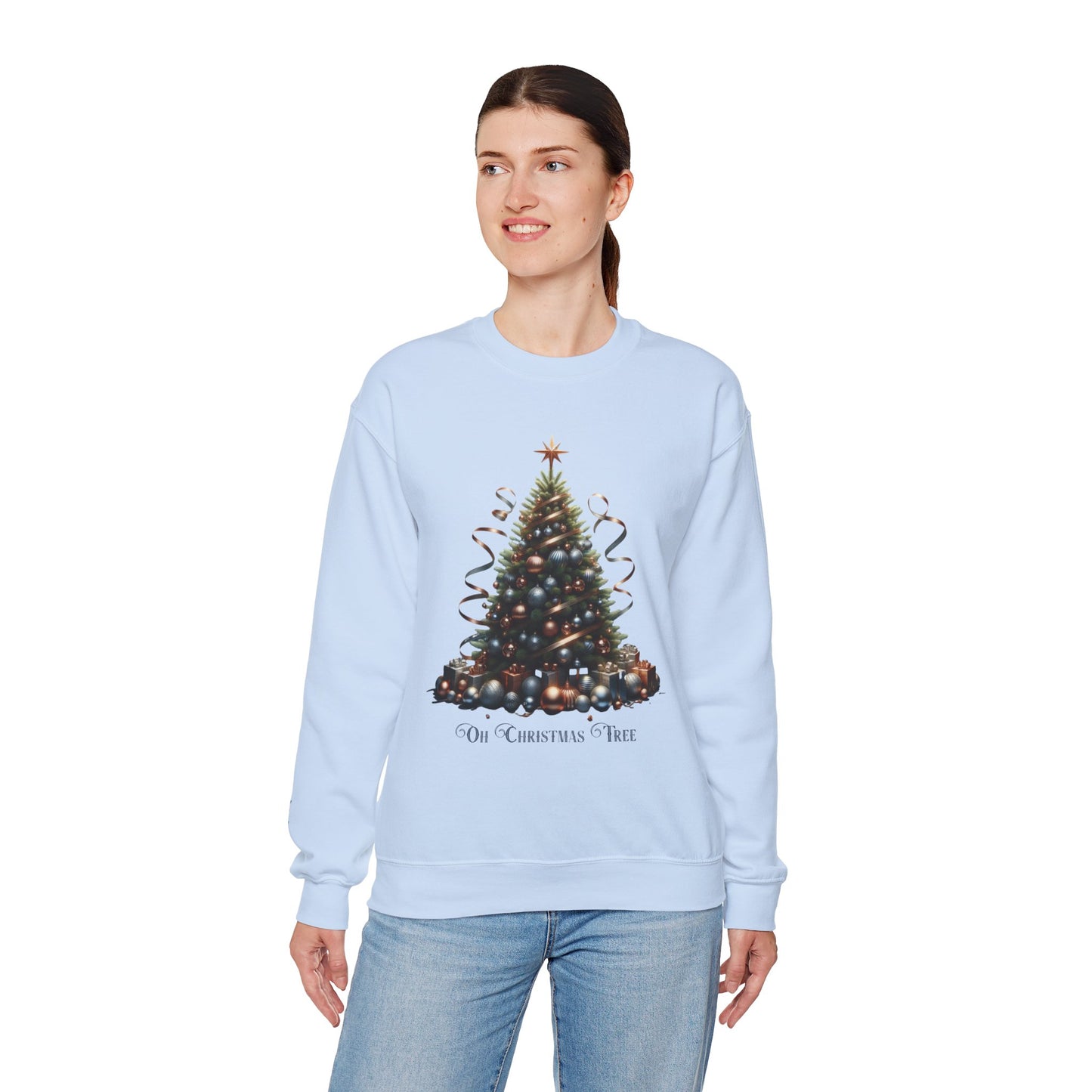 Oh Christmas Tree Sweatshirt | Walk in Light Holiday Sweatshirt with Golden Bells Sleeve, Gildan 18000