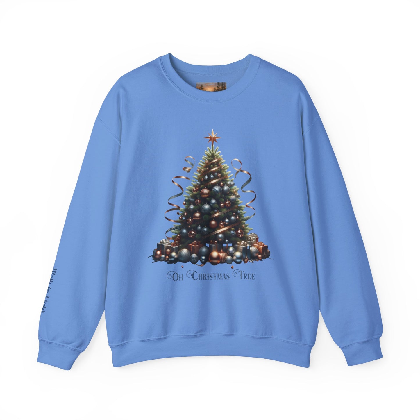 Oh Christmas Tree Sweatshirt | Walk in Light Holiday Sweatshirt with Golden Bells Sleeve, Gildan 18000