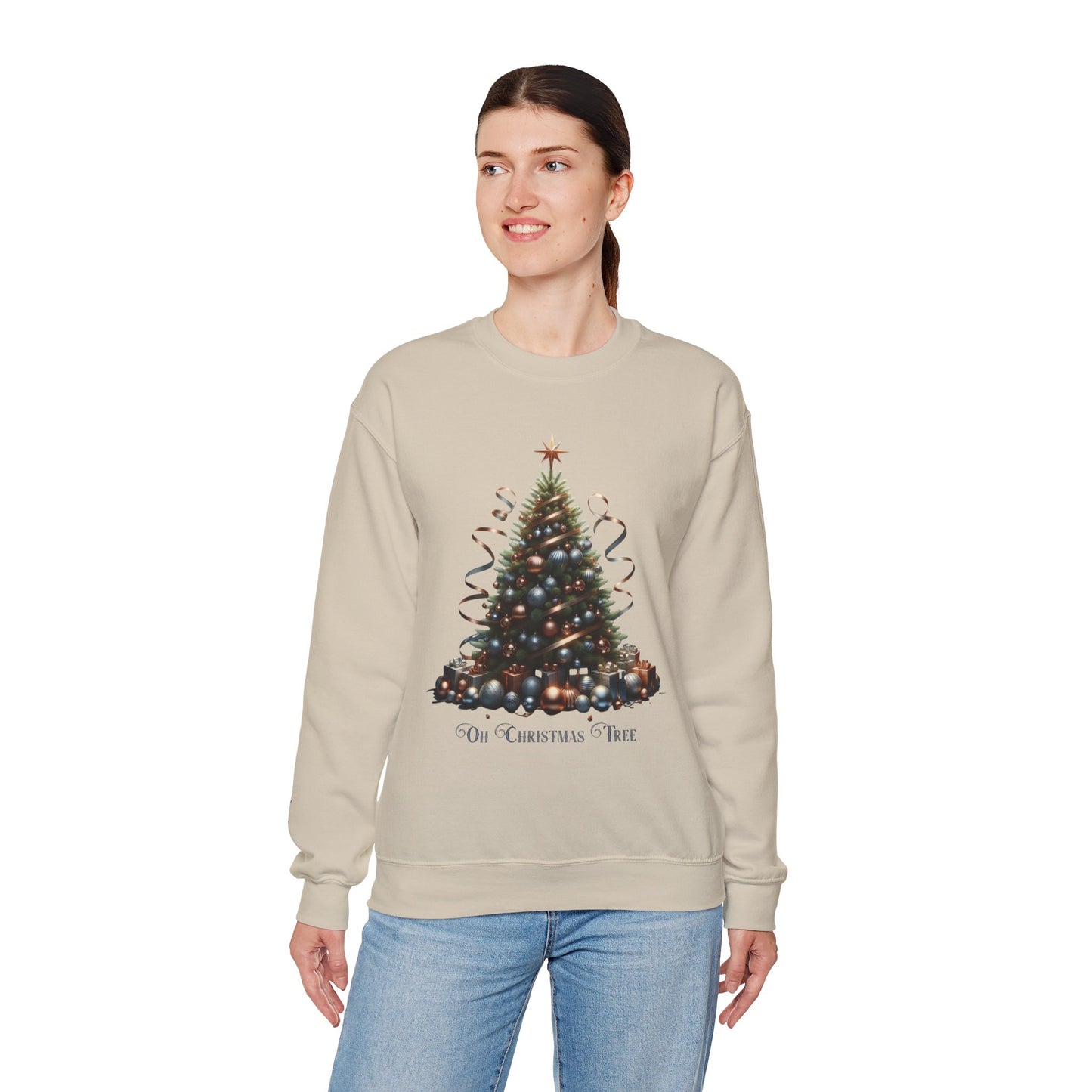Oh Christmas Tree Sweatshirt | Walk in Light Holiday Sweatshirt with Golden Bells Sleeve, Gildan 18000