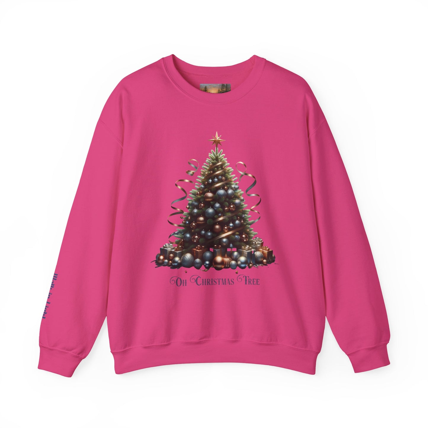 Oh Christmas Tree Sweatshirt | Walk in Light Holiday Sweatshirt with Golden Bells Sleeve, Gildan 18000
