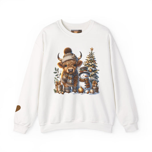 Highland Cow Christmas Magic Sweatshirt | Cozy Winter Scene with a Highland Cow, Snowman & Tree, Family-Friendly Holiday Apparel