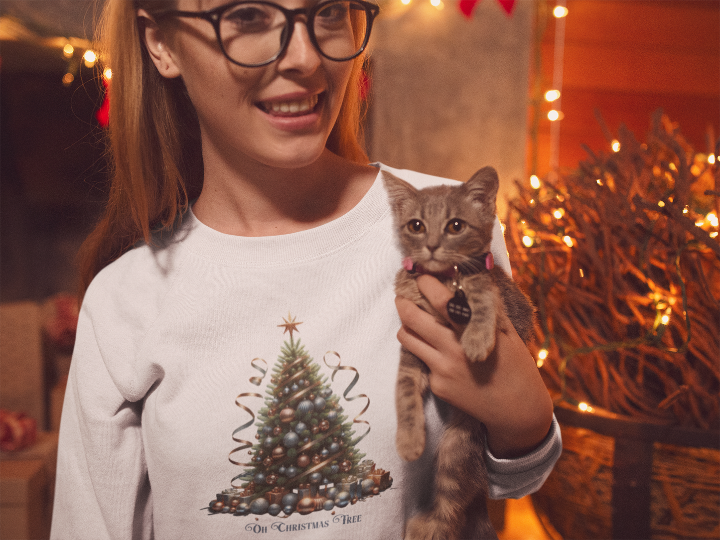 Oh Christmas Tree Sweatshirt | Cozy Holiday Sweatshirt with Golden Bells Sleeve, Gildan 18000