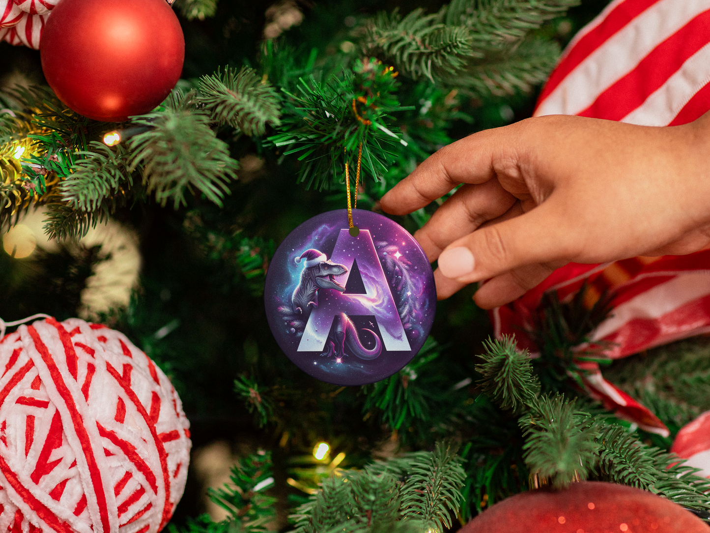 2025 Cosmic Dino Letter A Ornament | Double-Sided Ceramic Keepsake with Santa Hat Dinosaur & Space Theme