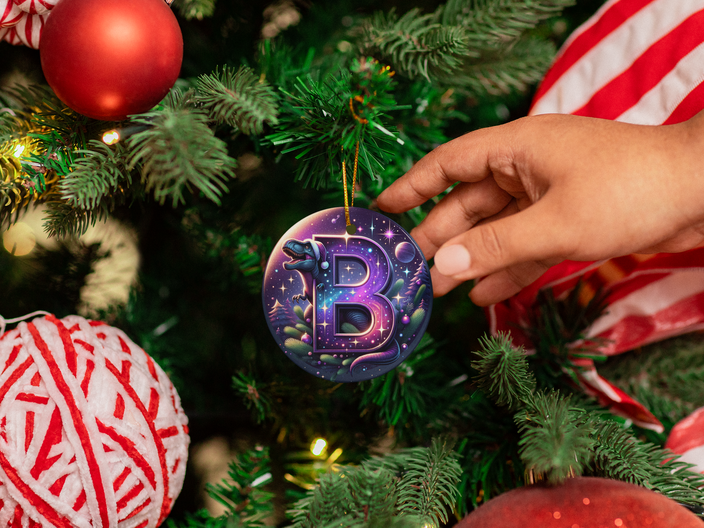 2025 Cosmic Dino Letter B Ornament | Double-Sided Ceramic Keepsake with Santa Hat Dinosaur & Space Theme