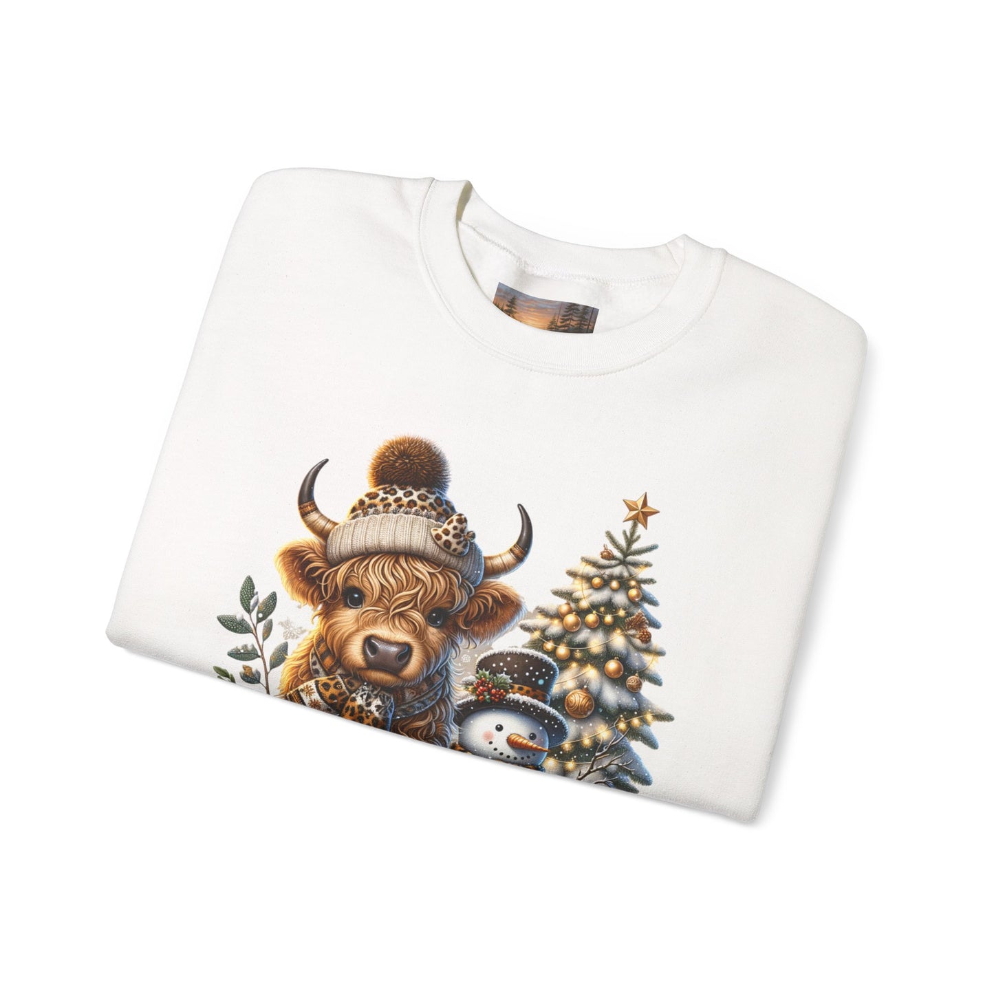 Highland Cow Christmas Magic Sweatshirt | Cozy Winter Scene with a Highland Cow, Snowman & Tree, Family-Friendly Holiday Apparel