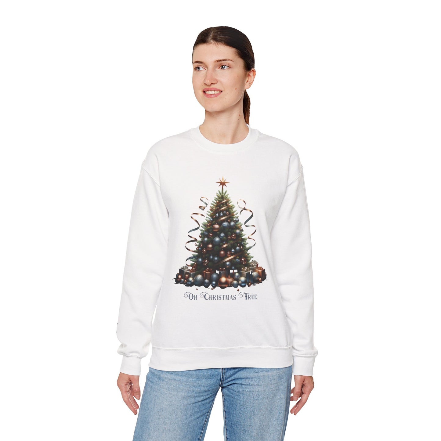 Oh Christmas Tree Sweatshirt | Walk in Light Holiday Sweatshirt with Golden Bells Sleeve, Gildan 18000
