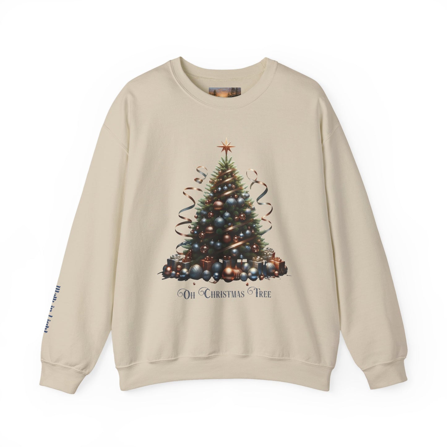 Oh Christmas Tree Sweatshirt | Walk in Light Holiday Sweatshirt with Golden Bells Sleeve, Gildan 18000