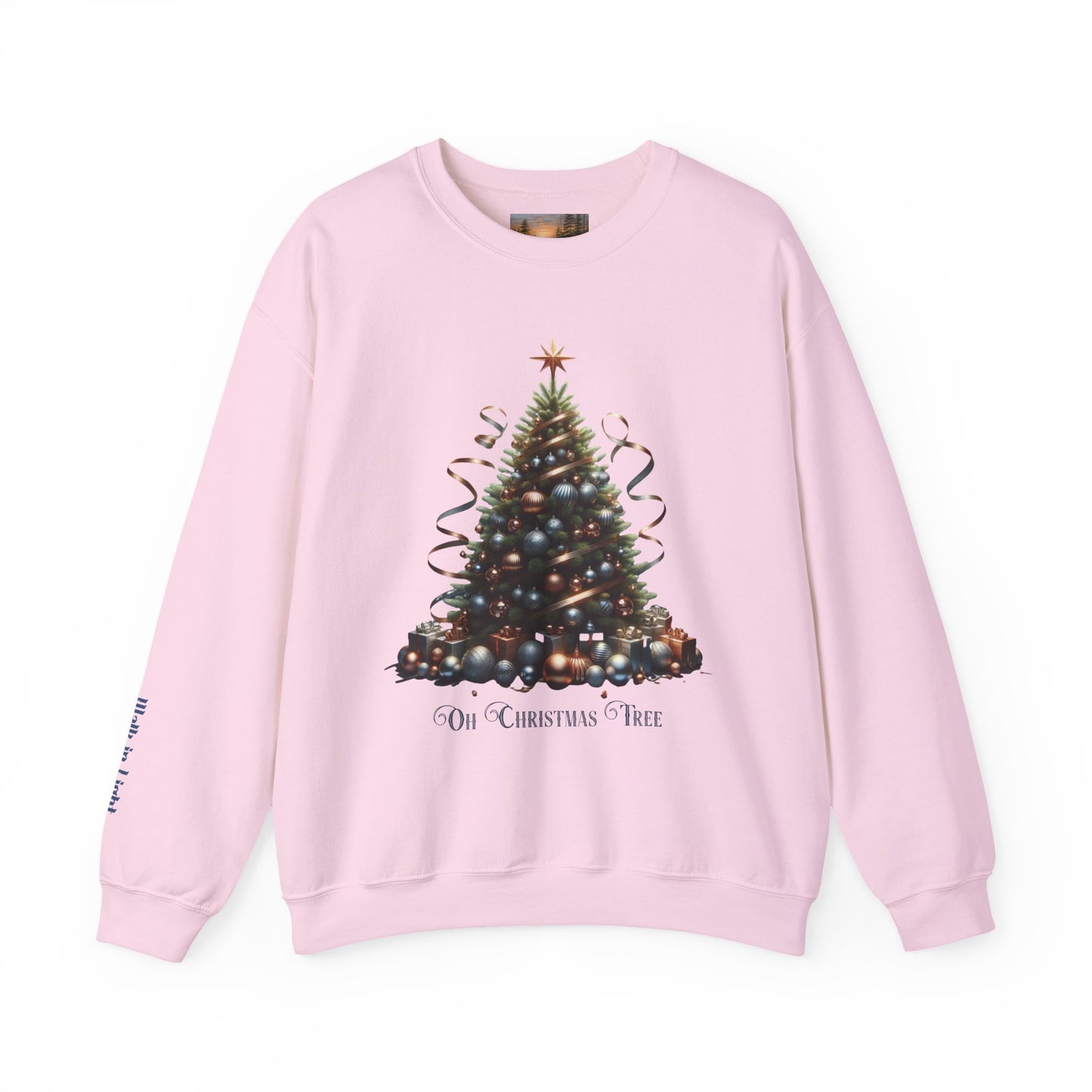 Oh Christmas Tree Sweatshirt | Walk in Light Holiday Sweatshirt with Golden Bells Sleeve, Gildan 18000
