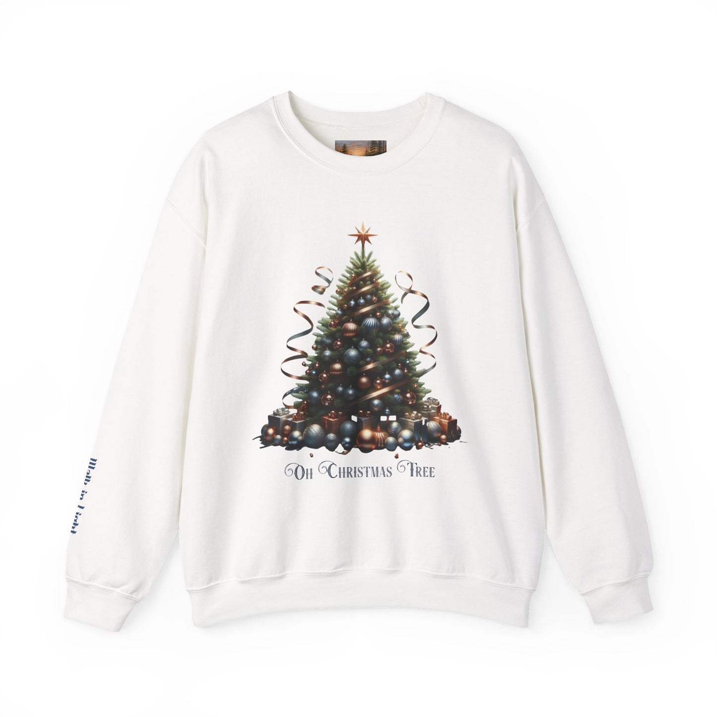 Oh Christmas Tree Sweatshirt | Walk in Light Holiday Sweatshirt with Golden Bells Sleeve, Gildan 18000
