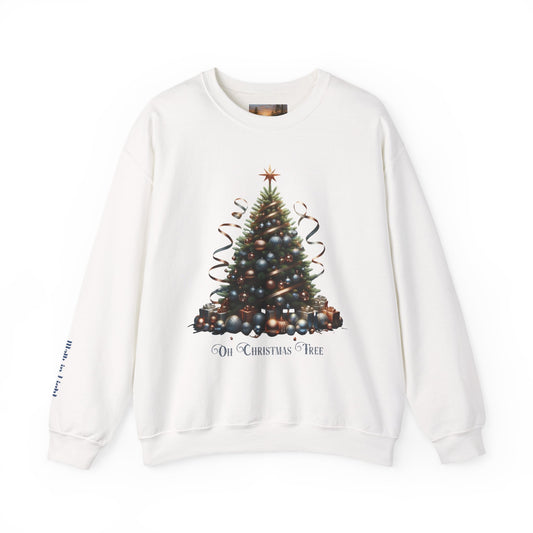 Oh Christmas Tree Sweatshirt | Walk in Light Holiday Sweatshirt with Golden Bells Sleeve, Gildan 18000