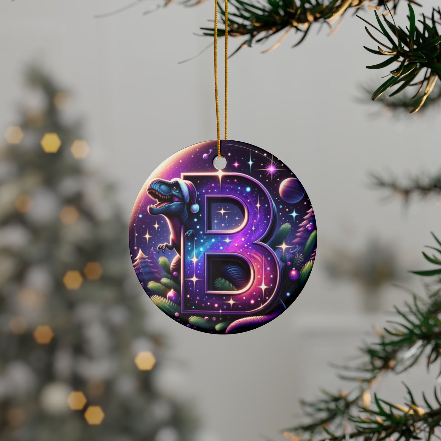 2025 Cosmic Dino Letter B Ornament | Double-Sided Ceramic Keepsake with Santa Hat Dinosaur & Space Theme