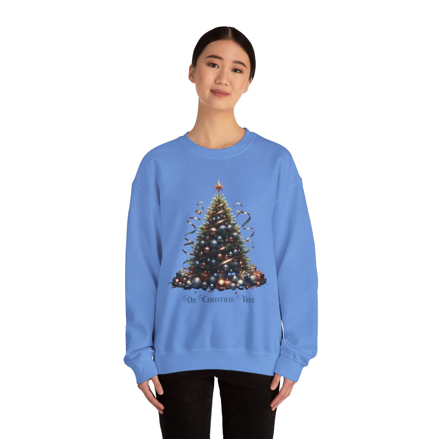 Oh Christmas Tree Sweatshirt | Walk in Light Holiday Sweatshirt with Golden Bells Sleeve, Gildan 18000