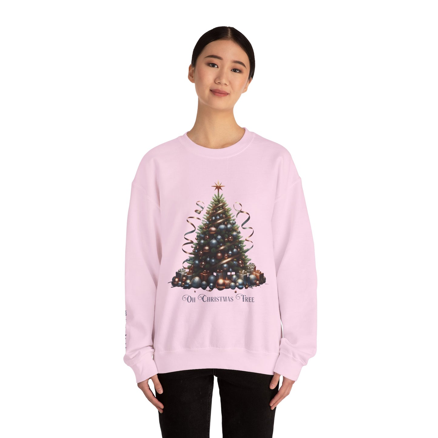 Oh Christmas Tree Sweatshirt | Walk in Light Holiday Sweatshirt with Golden Bells Sleeve, Gildan 18000