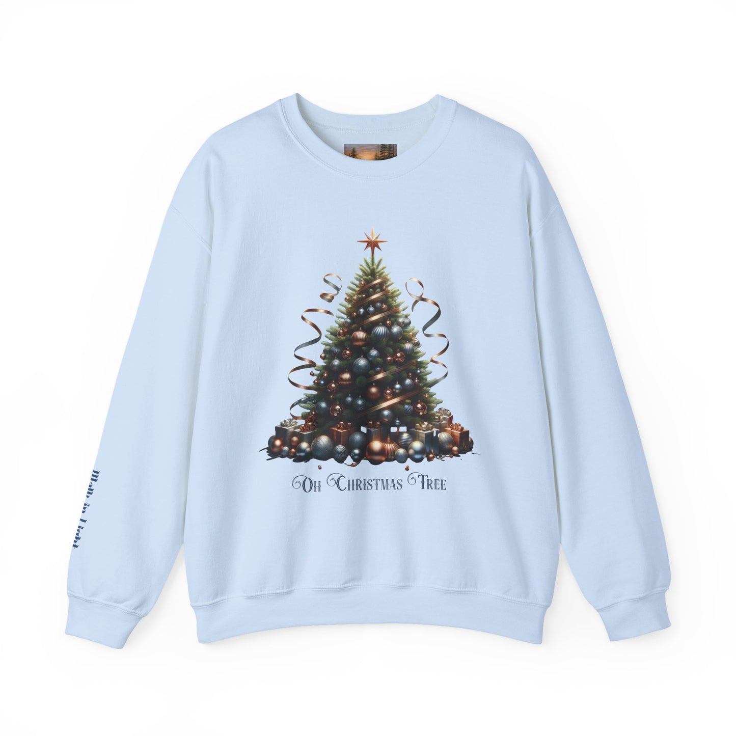 Oh Christmas Tree Sweatshirt | Walk in Light Holiday Sweatshirt with Golden Bells Sleeve, Gildan 18000